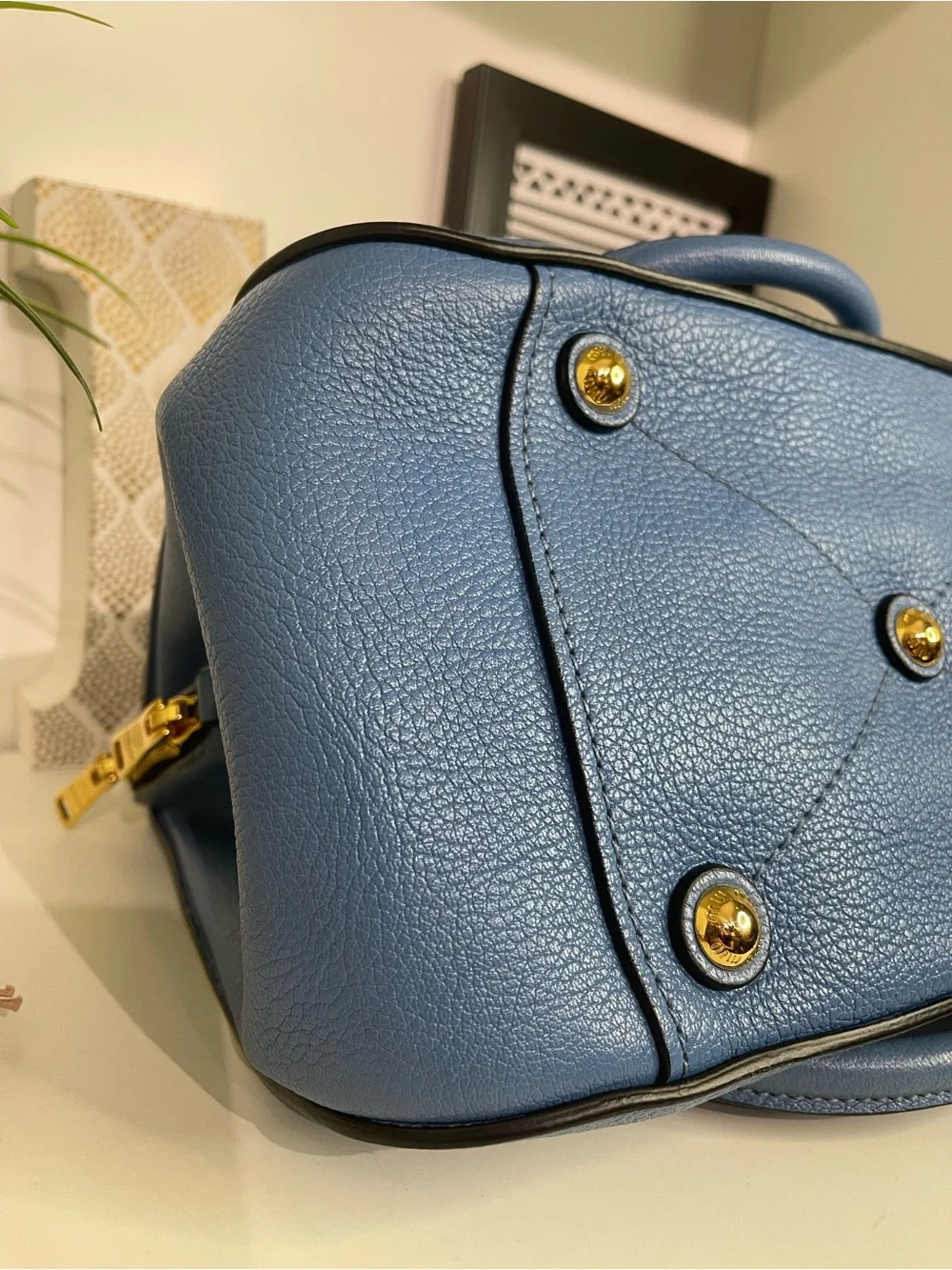 Miu Miu Cornflower Blue Pebbled Leather Satchel 2 Way with Gold Hardware